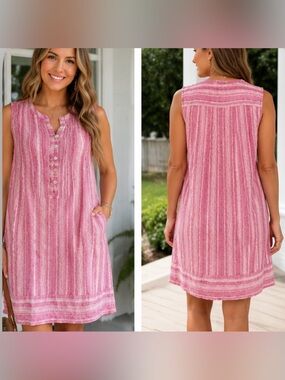 Faherty Isha Linen Dress Granita Stripe Pink Sleeveless Pintuck Shift M